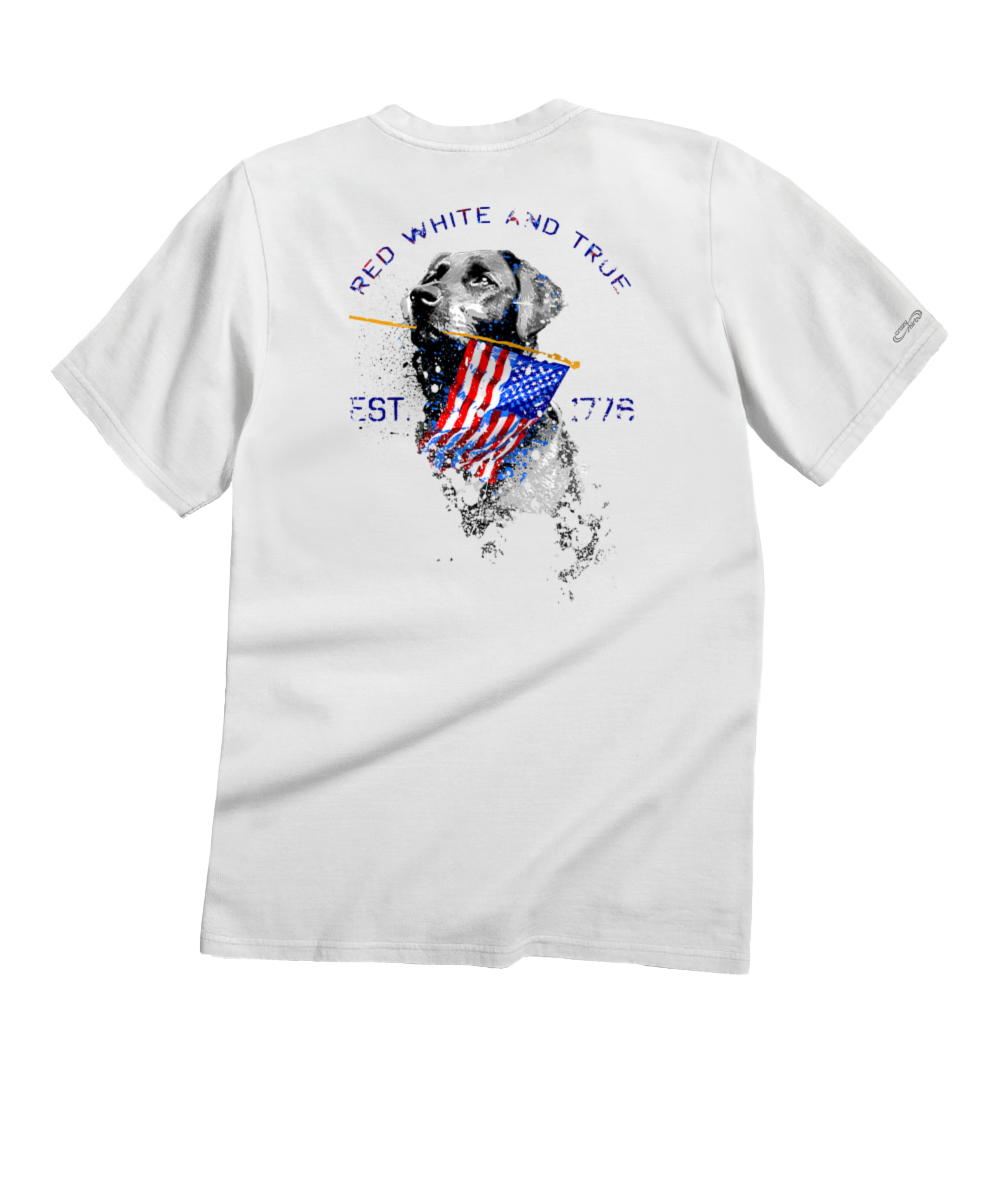 White t-shirt with a graphic of a dog holding an American flag and text on a white background View 1