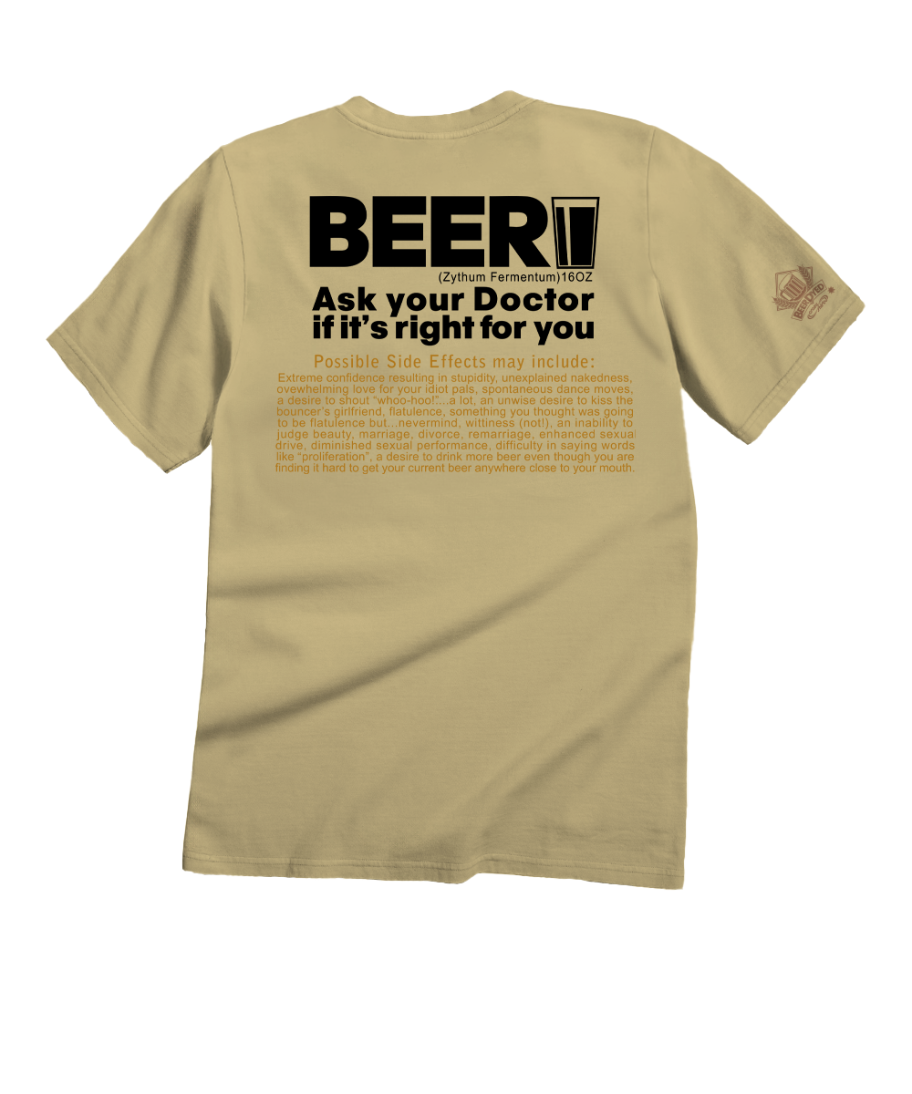 Beige t-shirt with black text on a white background