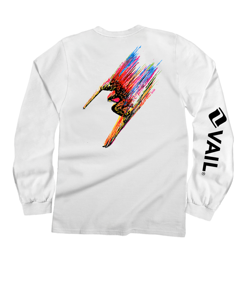White long-sleeve shirt with colorful graphic and 'Oval' branding on sleeve