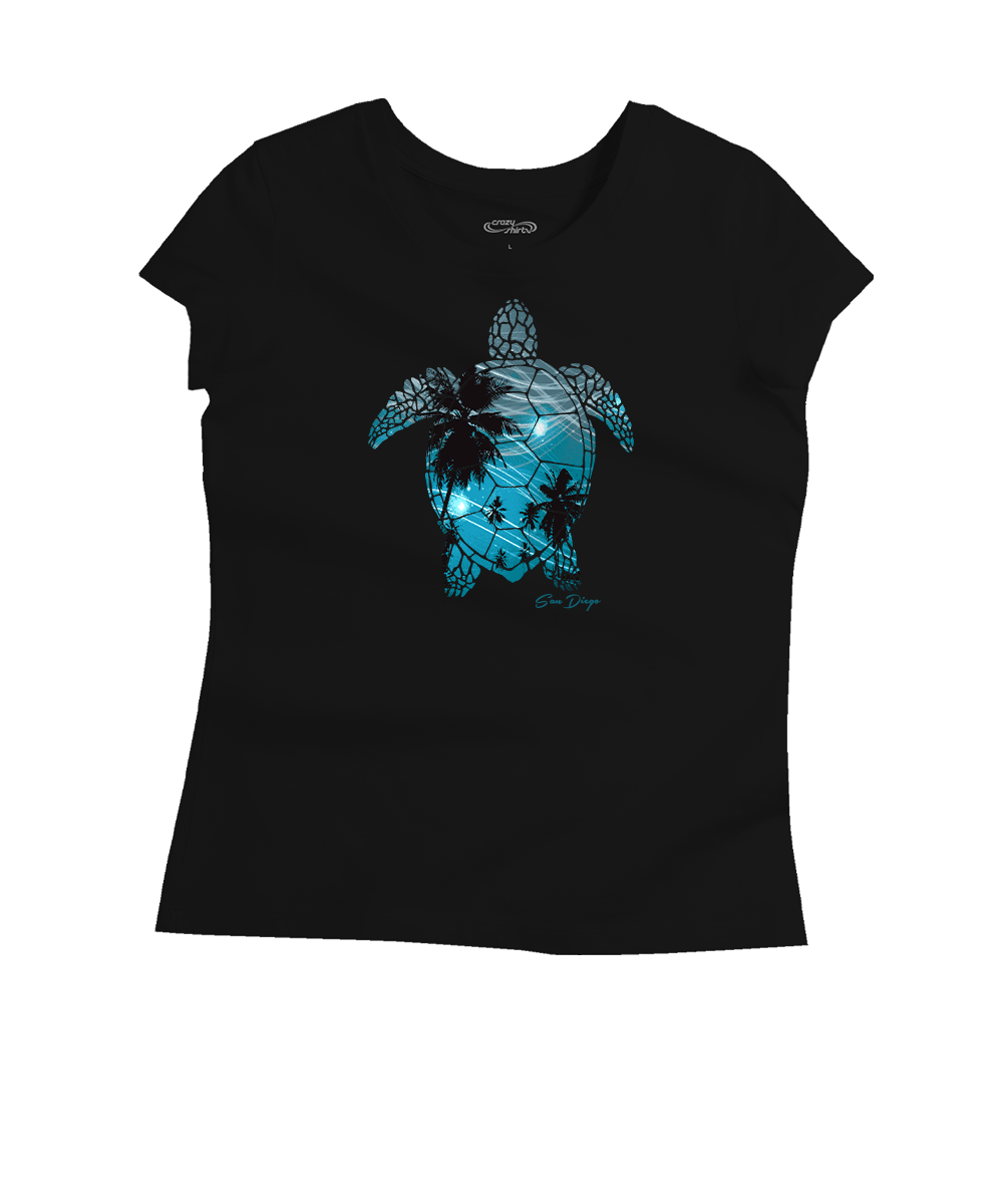 Black t-shirt with a blue turtle design on a white background