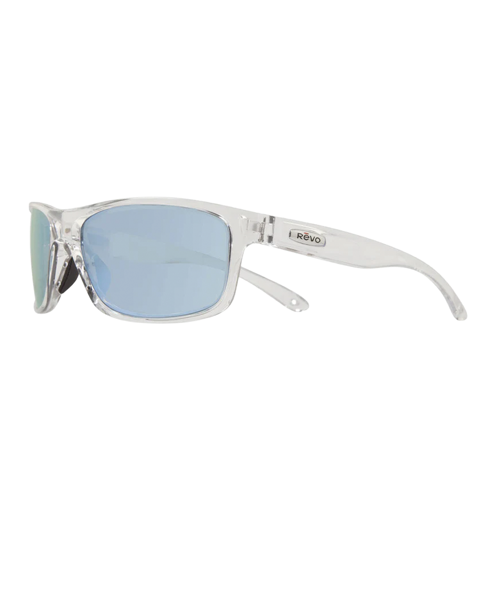 Sunglasses with clear frame and blue lenses on a white background View 1