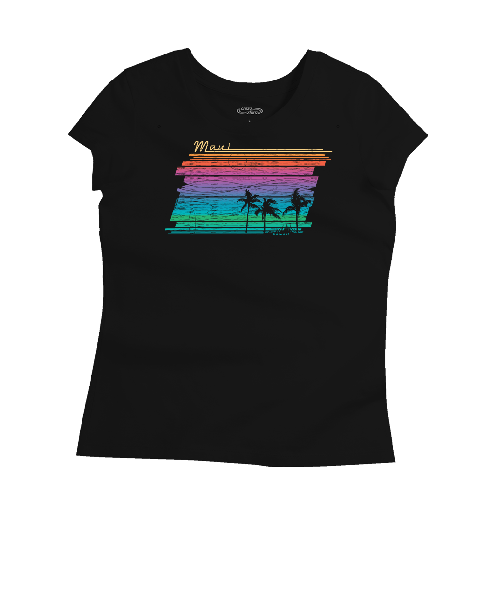 Black t-shirt with colorful graphic design on a white background