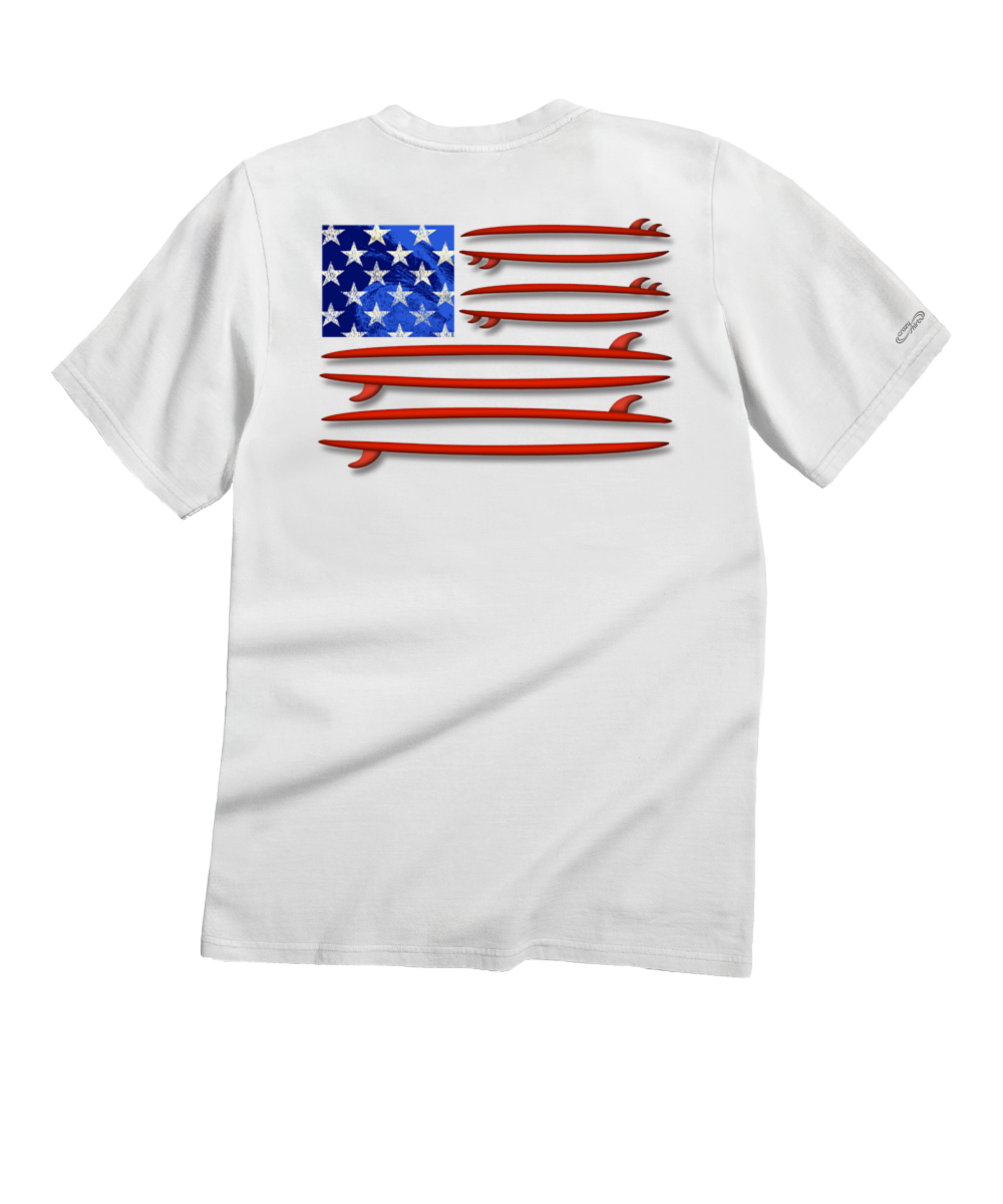 White t-shirt with a graphic of an American flag and surfboards on the back against a white background View 1