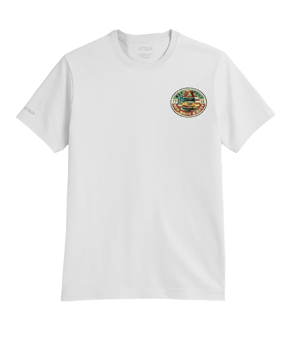White t-shirt with a colorful logo on a white background View 4