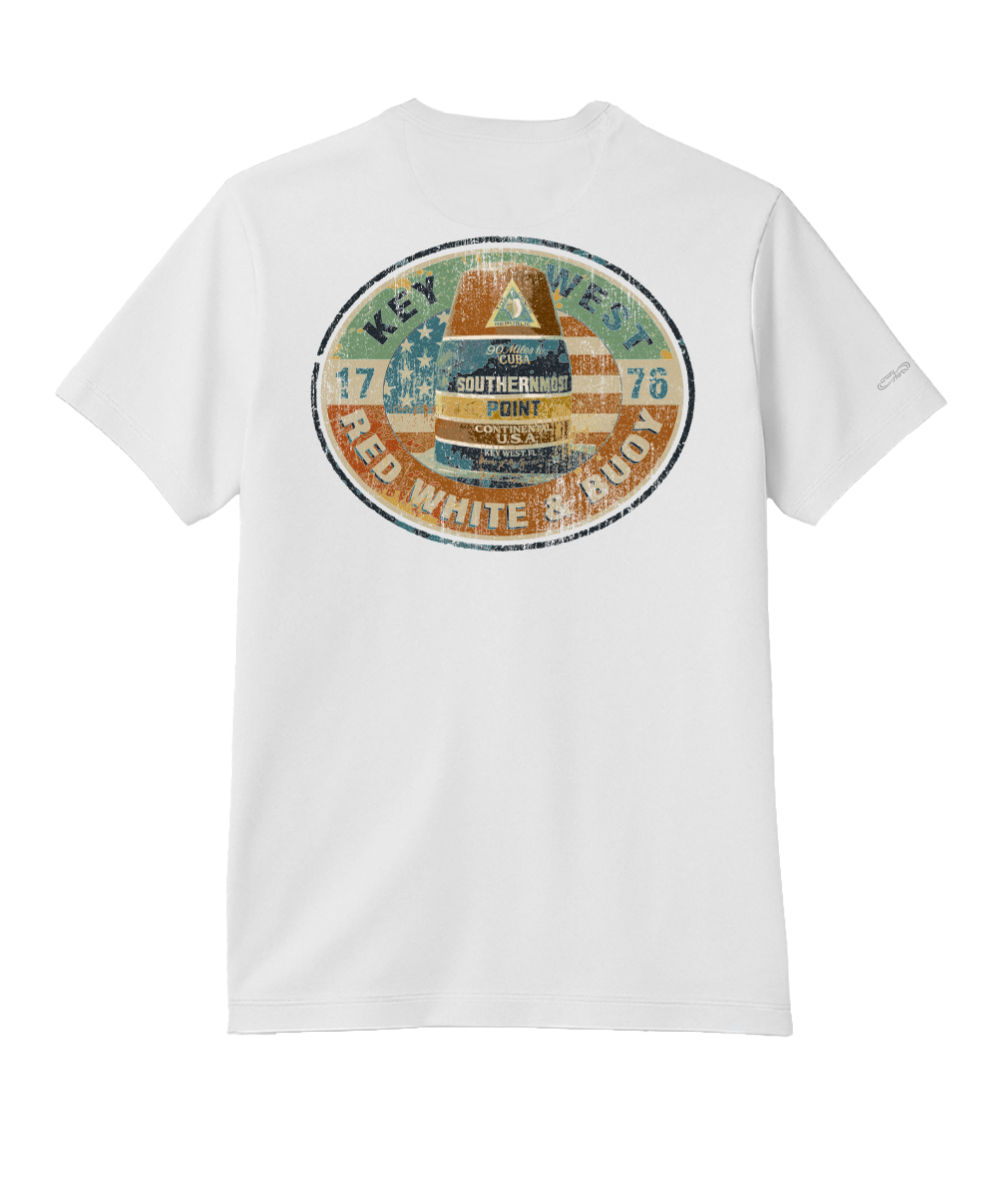 White t-shirt with a colorful graphic on the back against a white background View 1