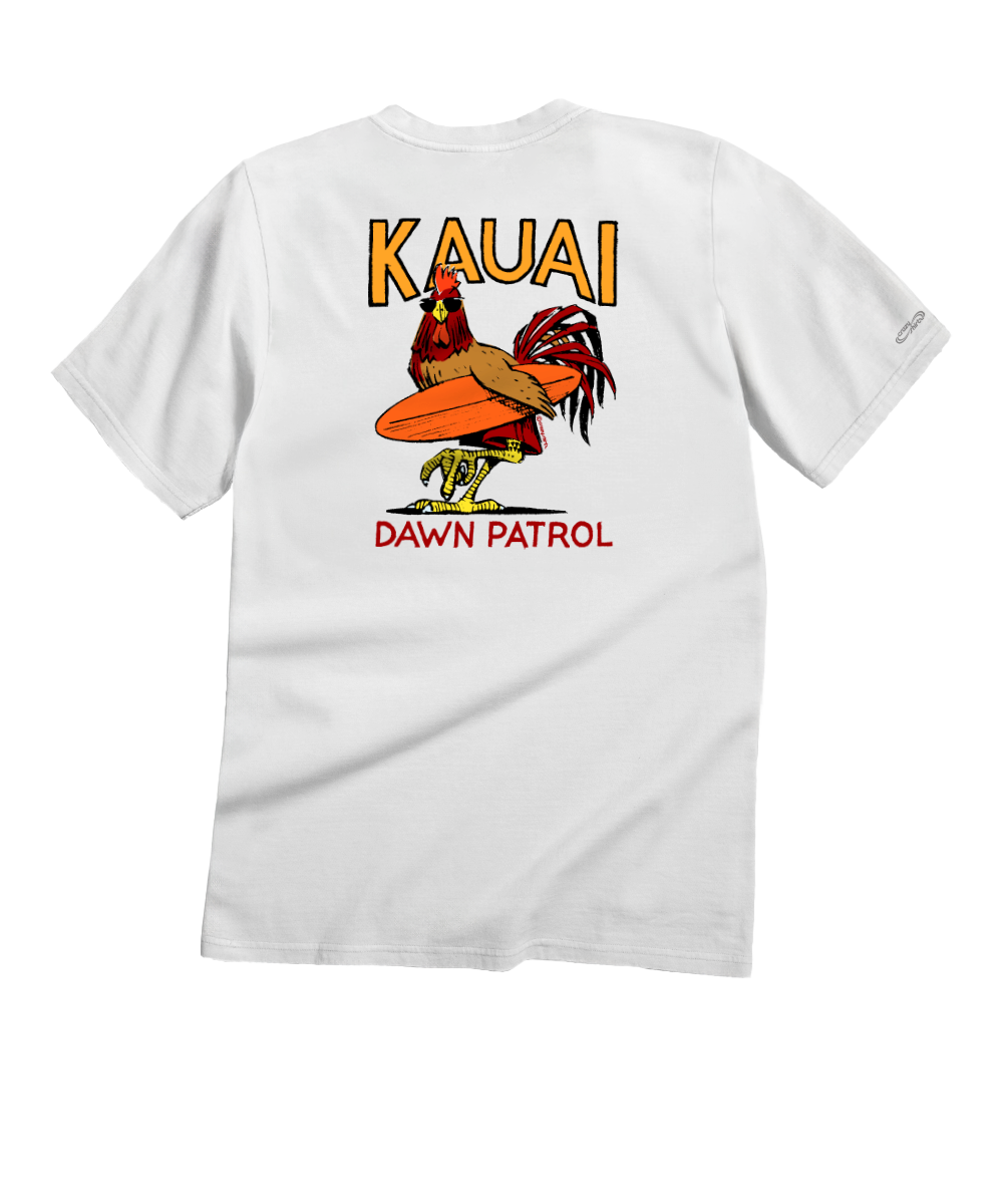 White t-shirt with Kauai and Dawn Patrol graphic on a white background