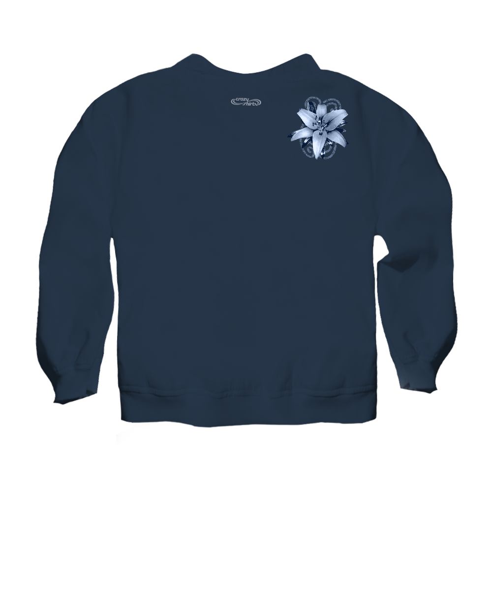 Navy blue sweatshirt with a white floral design on the back against a white background View 4