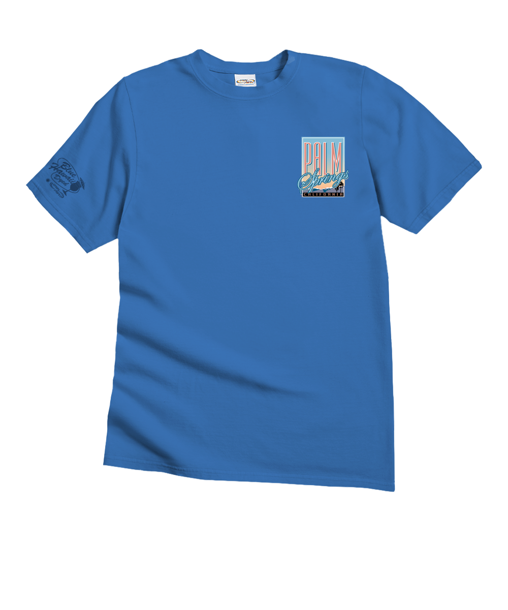 Blue t-shirt with a small graphic on a white background View 4
