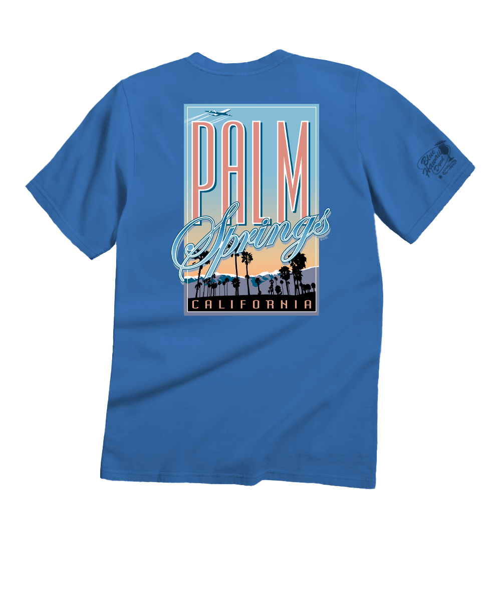 Blue t-shirt with 'Palm Springs California' graphic on a white background View 1