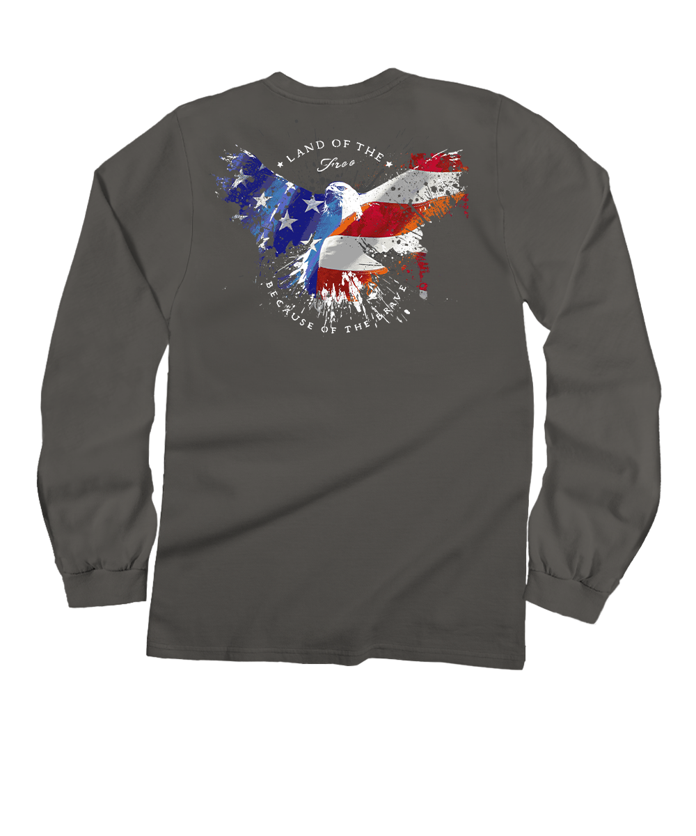 Long-sleeve shirt with American flag design on the back against a white background View 1