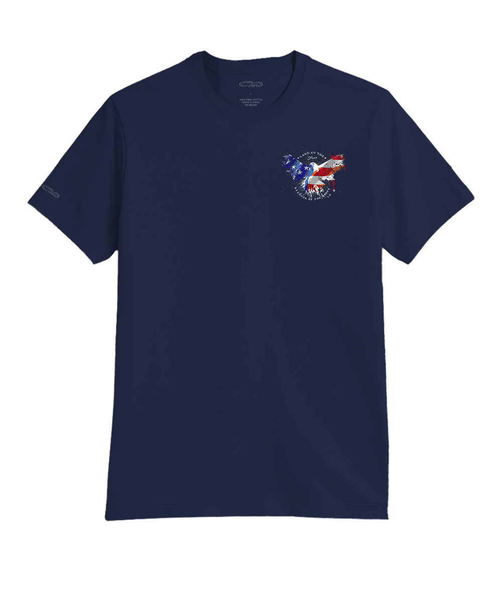 Navy blue t-shirt with a small chest graphic on a white background View 4