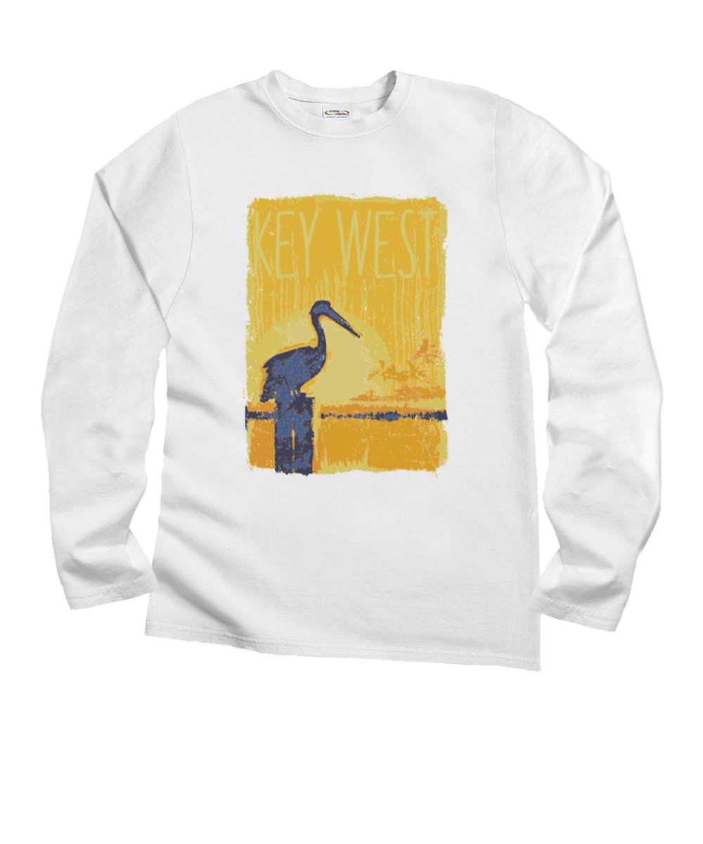 White long-sleeve shirt with a graphic of a pelican and 'Key West' text on a yellow background. View 1
