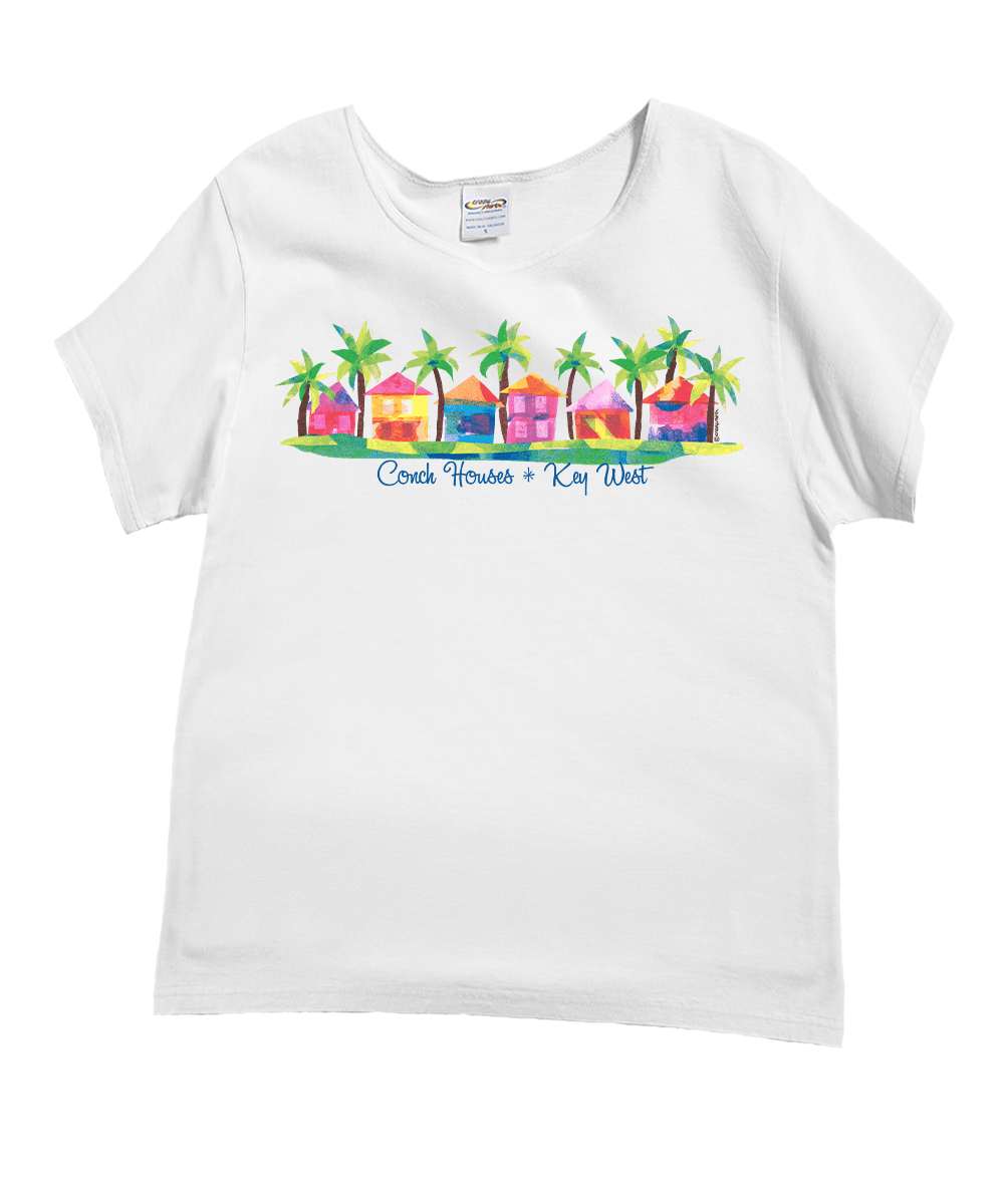 White t-shirt with colorful graphic design on a white background View 1
