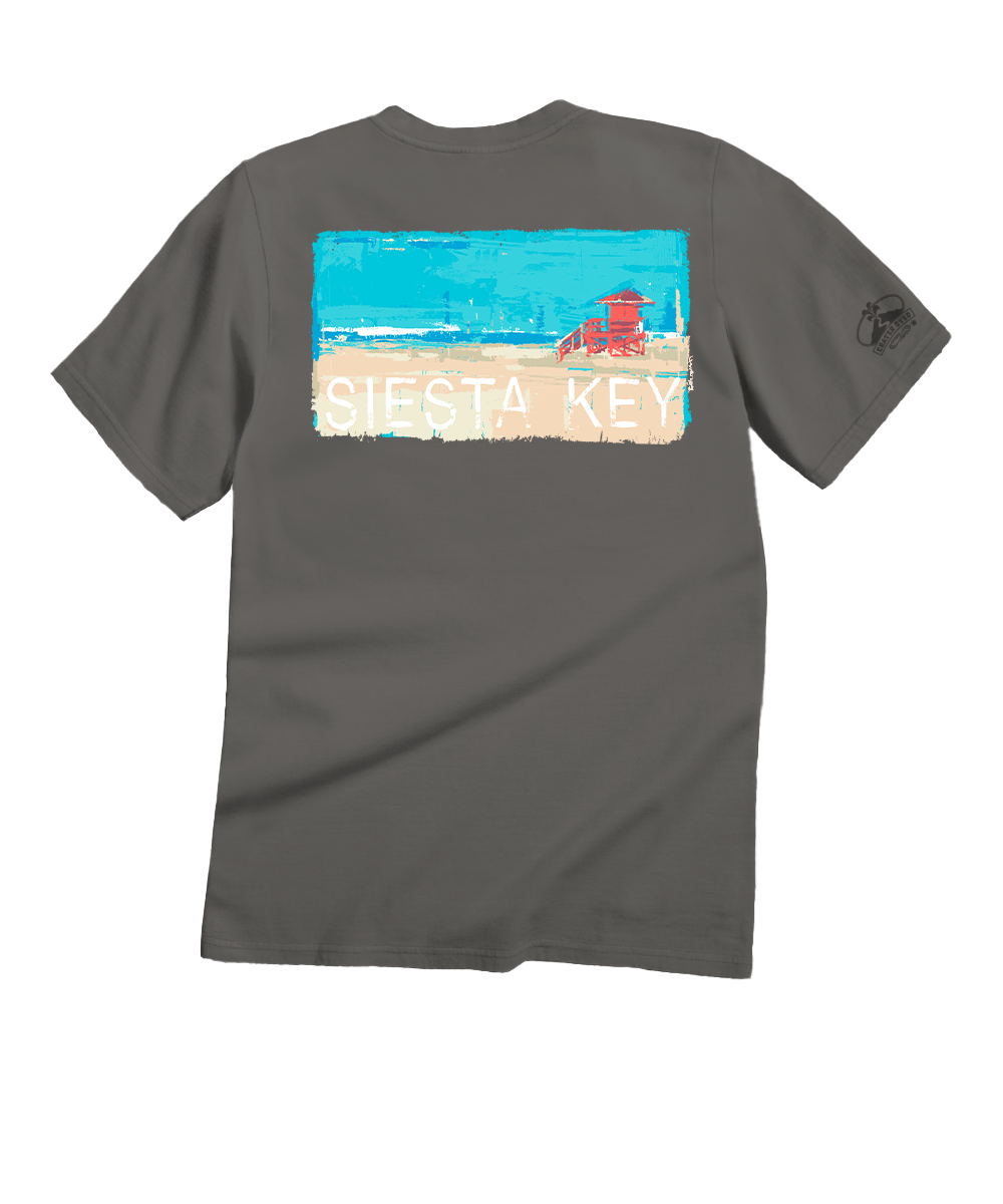 Gray t-shirt with a beach graphic and 'Siesta Key' text on a white background