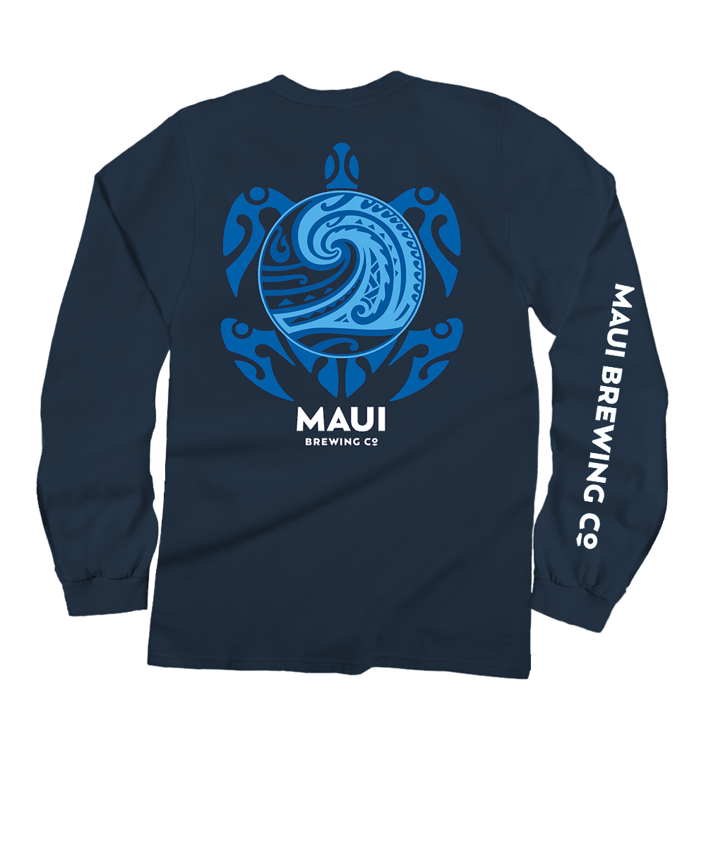 Navy long-sleeve shirt with blue graphic and 'Maui Brewing Co' text on a white background