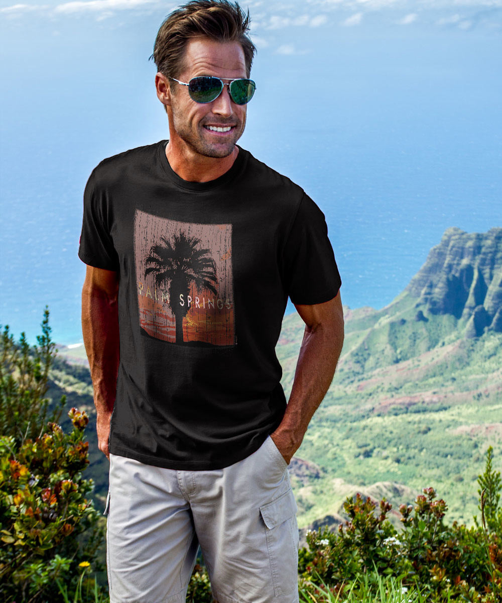 A man wearing a black short sleeve pima t-shirt with a palm tree and sunset graphic, standing in a scenic landscape. View 2