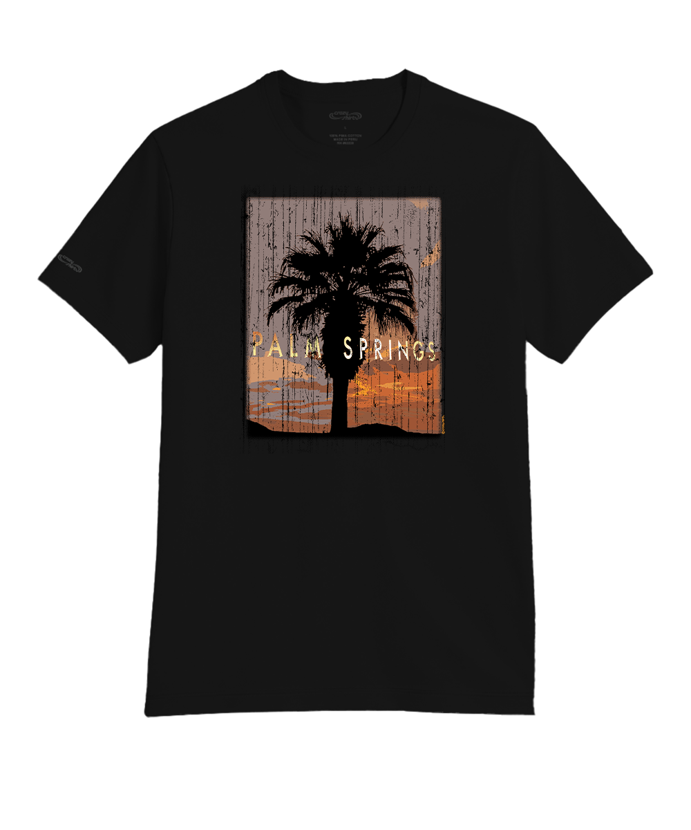 Black t-shirt with a palm tree and 'Palm Springs' text design on a white background View 1