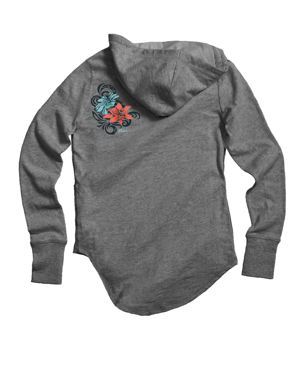 Gray hoodie with floral design on the back against a white background View 4