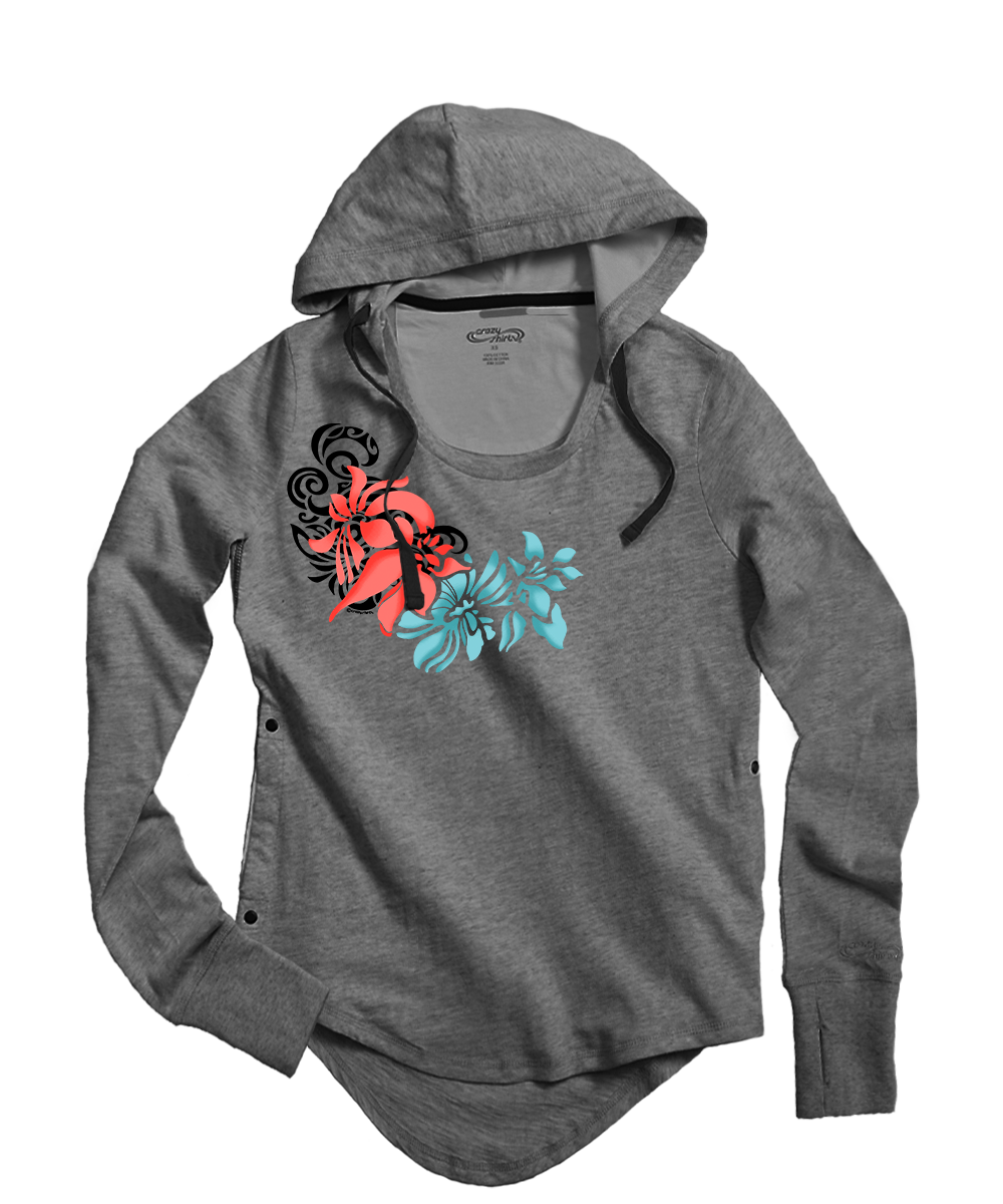 Gray hoodie with floral designs on a white background View 1