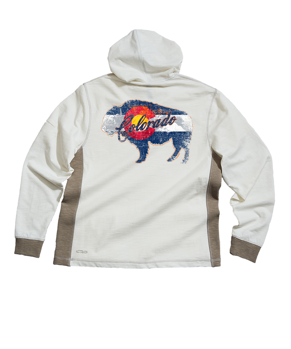 White hoodie with a graphic of a bear and Colorado flag on a white background View 1