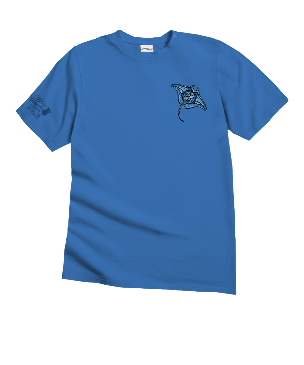Blue t-shirt with a manta ray design on a white background View 4