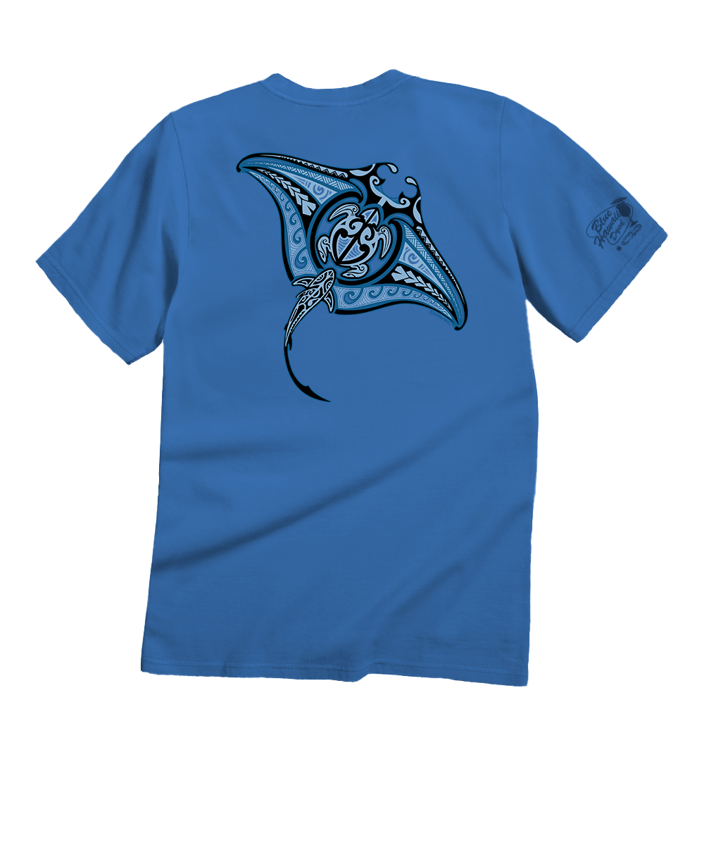 Blue t-shirt with a manta ray design on a white background View 1