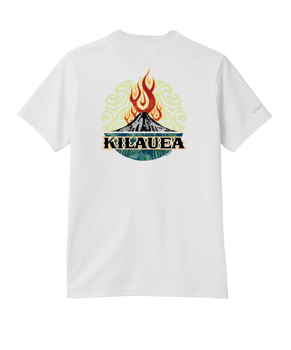 White t-shirt with a colorful graphic design on the back featuring the word 'Kilauea'.