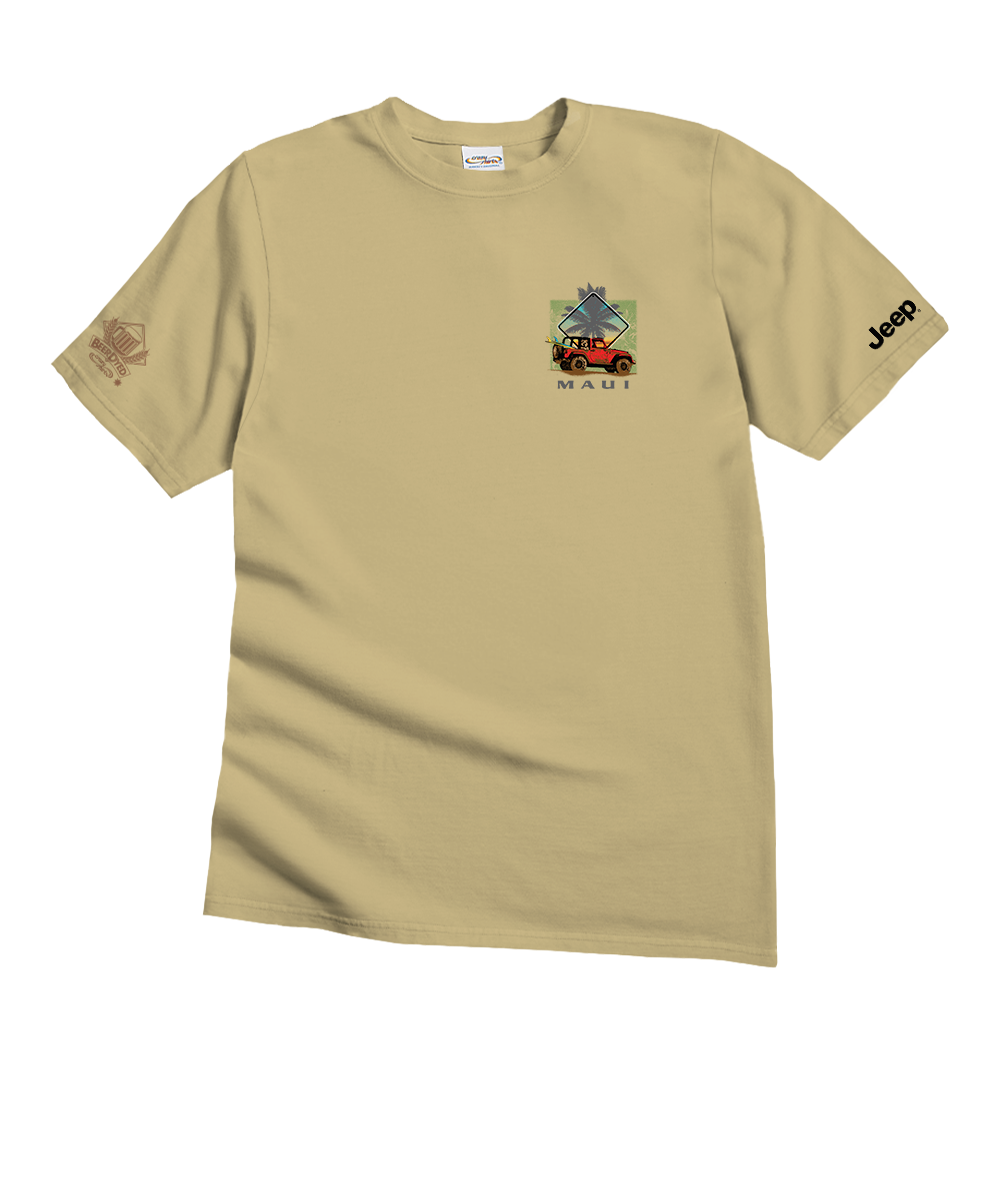 Beige t-shirt with logo and text on a white background View 4
