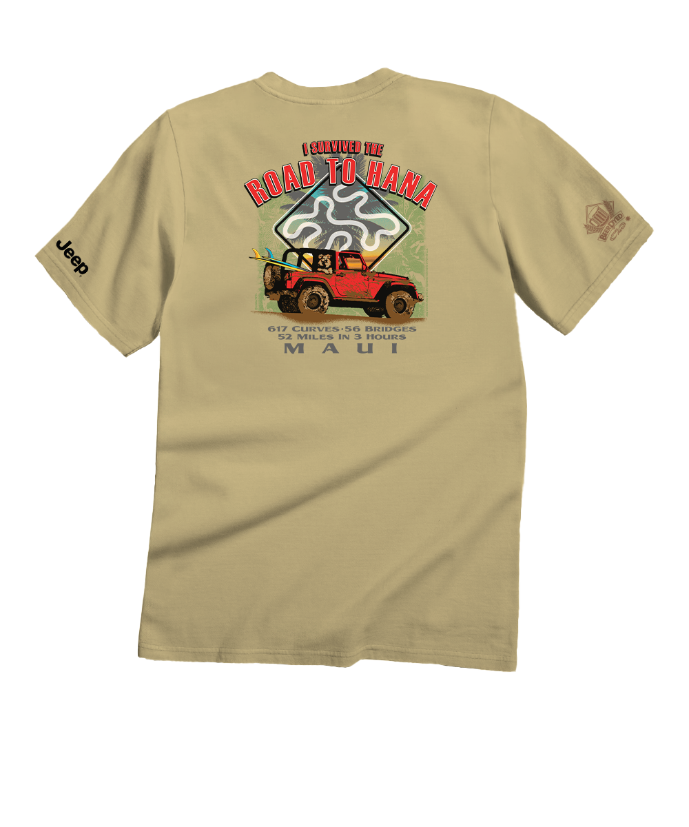 Beige t-shirt with Jeep graphic and text on a white background View 1