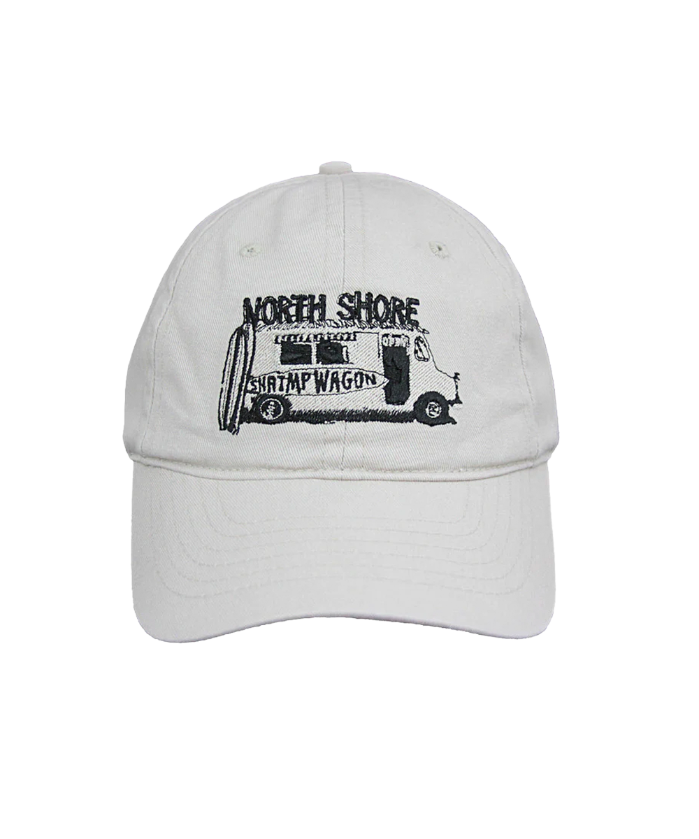 White cap with black embroidered design on a white background View 1