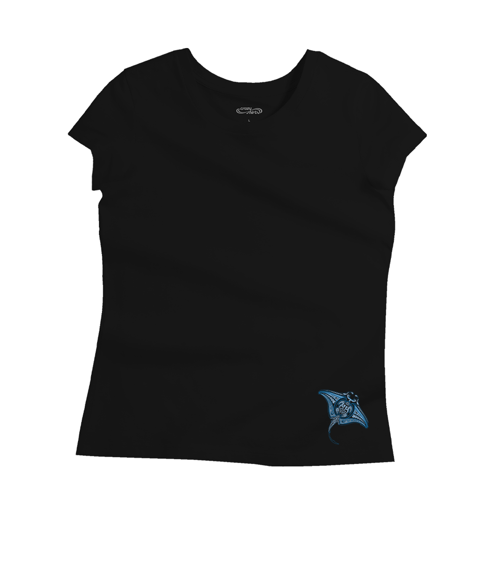 A black short-sleeve t-shirt with a small blue and white manta ray graphic on the bottom right, displayed on a solid white background. View 4