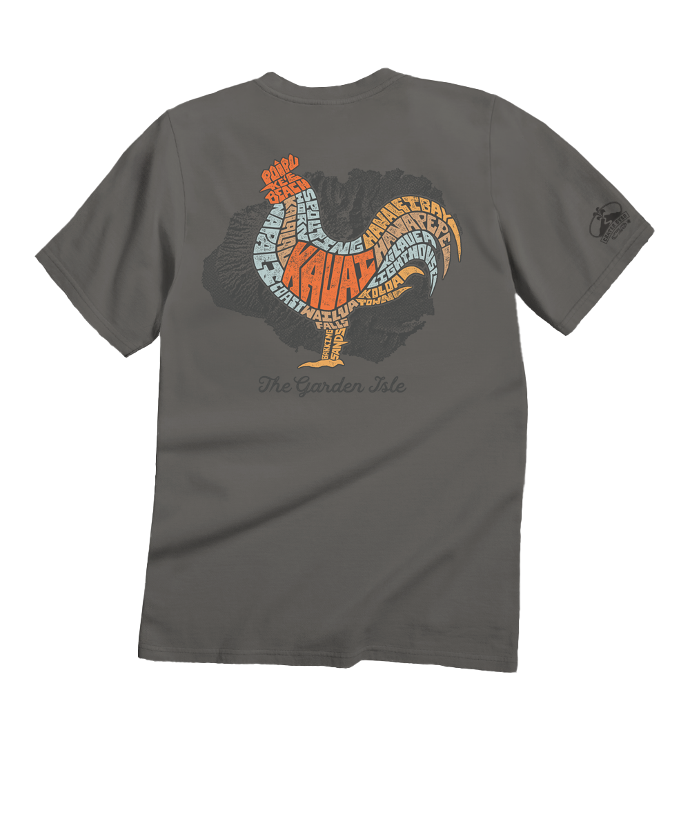 Gray t-shirt with a colorful rooster design on the back, on a white background View 1