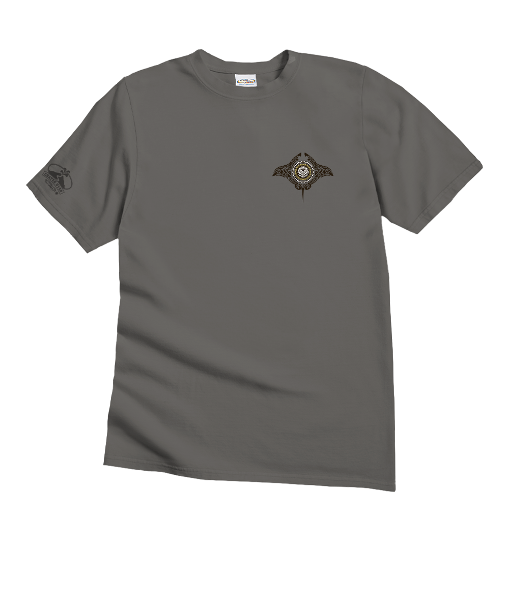 Gray t-shirt with a decorative emblem on a white background View 4