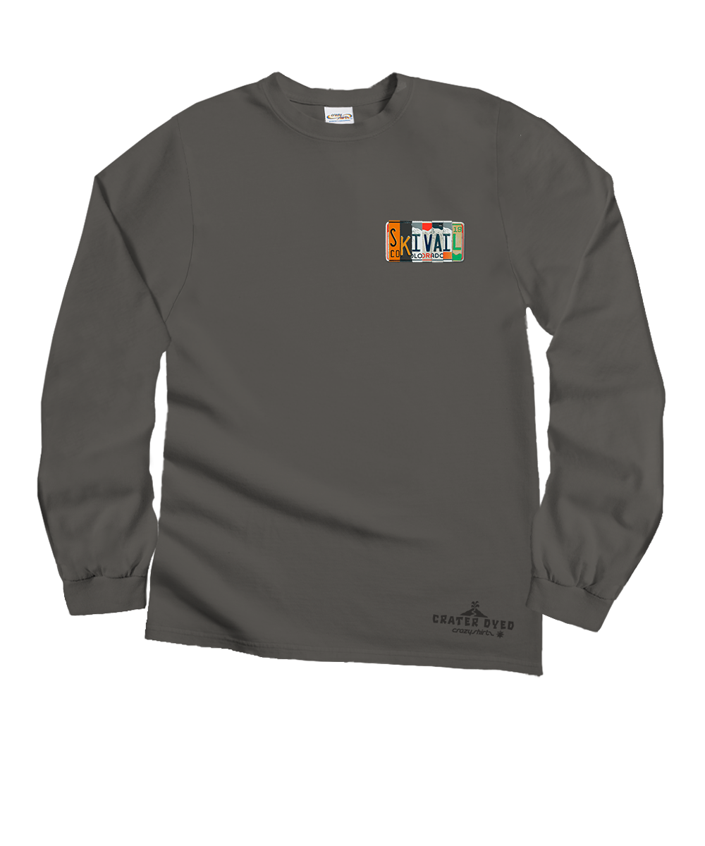 Gray long-sleeve shirt with a colorful license plate design on a white background View 4