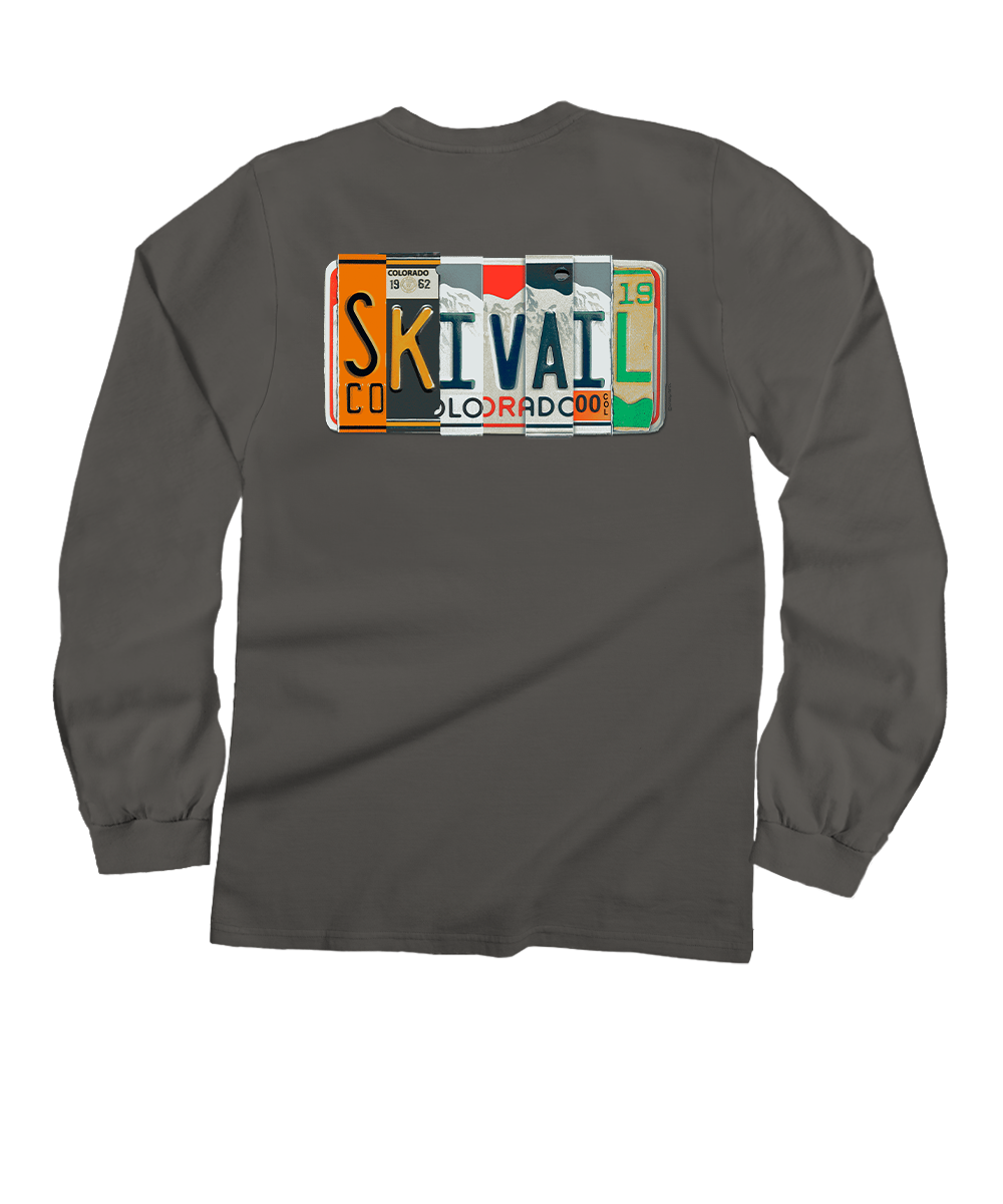 Gray long-sleeve shirt with a license plate design on the back, featuring the text 'Ski Vail Colorado'. View 1