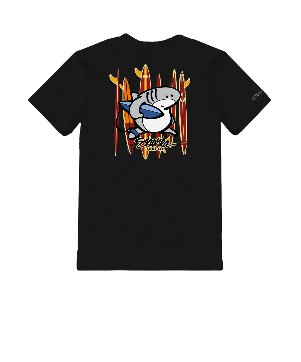 Men's Black Crewneck T-Shirts | Crazy Shirts Sharka Surfboards | Large, image size:1000x1200