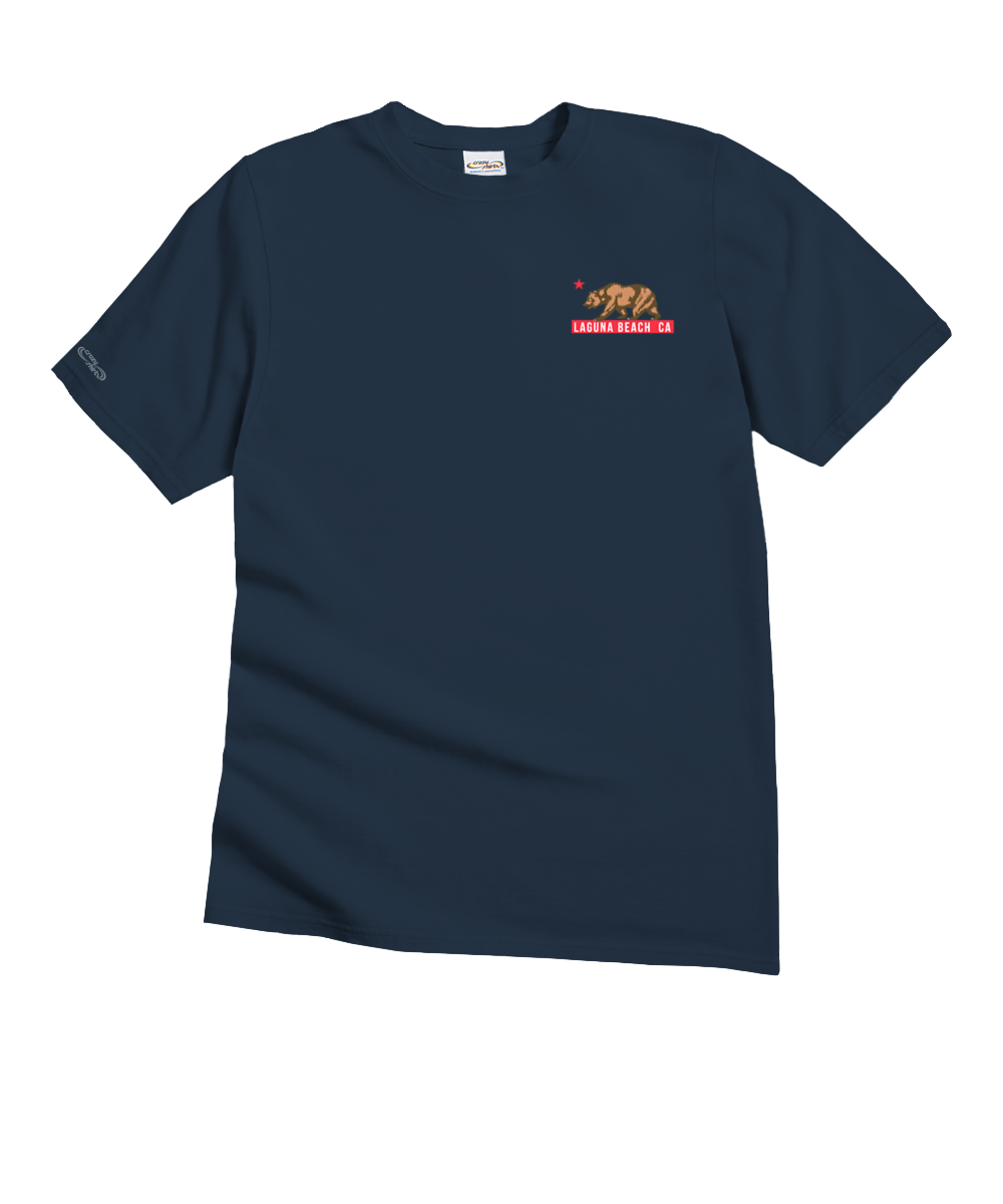 Navy blue t-shirt with a small red and yellow logo on a white background View 4