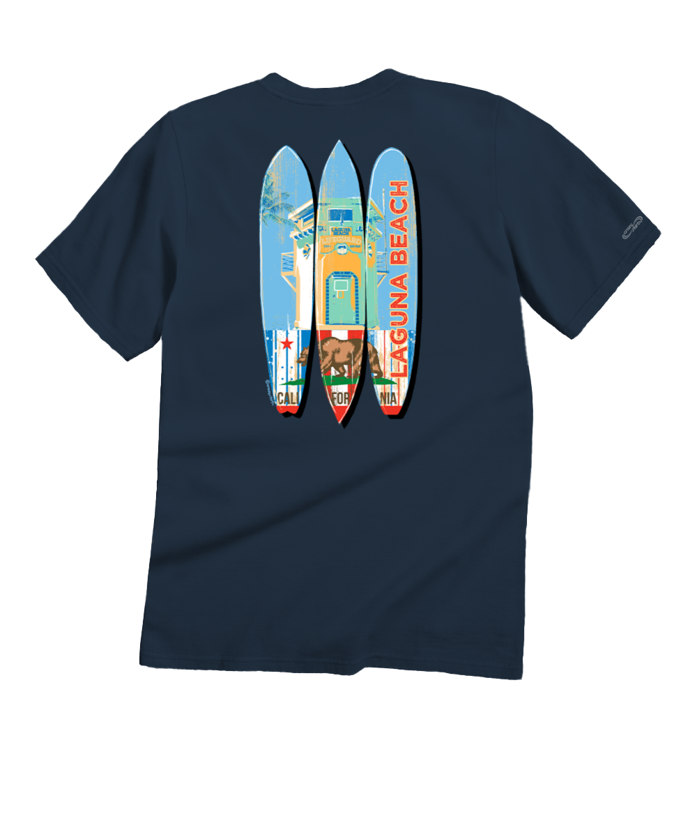 Navy blue t-shirt with colorful surfboard design and 'Peguana Beach' text on a white background View 1