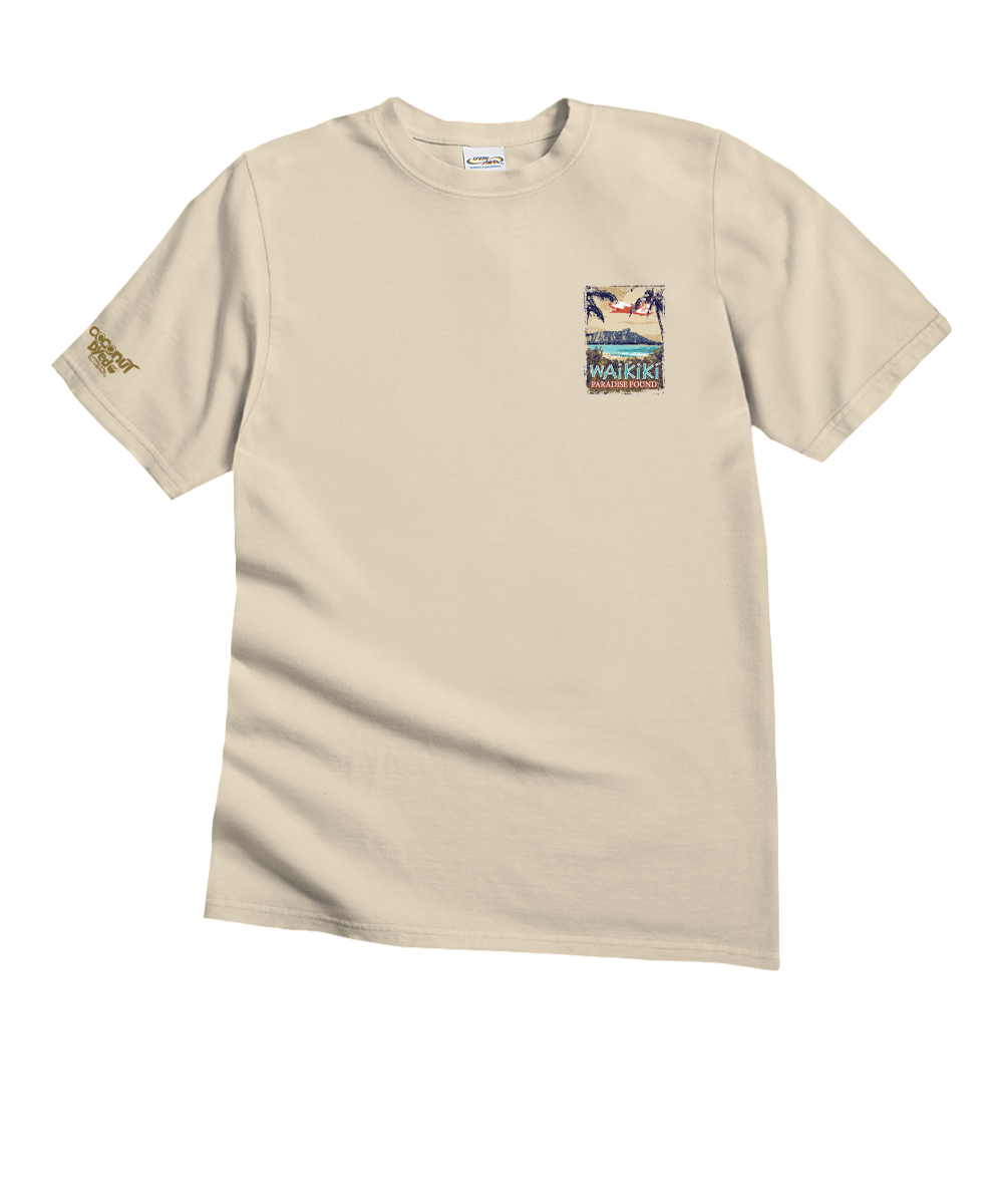 Beige t-shirt with a small graphic on a white background View 4