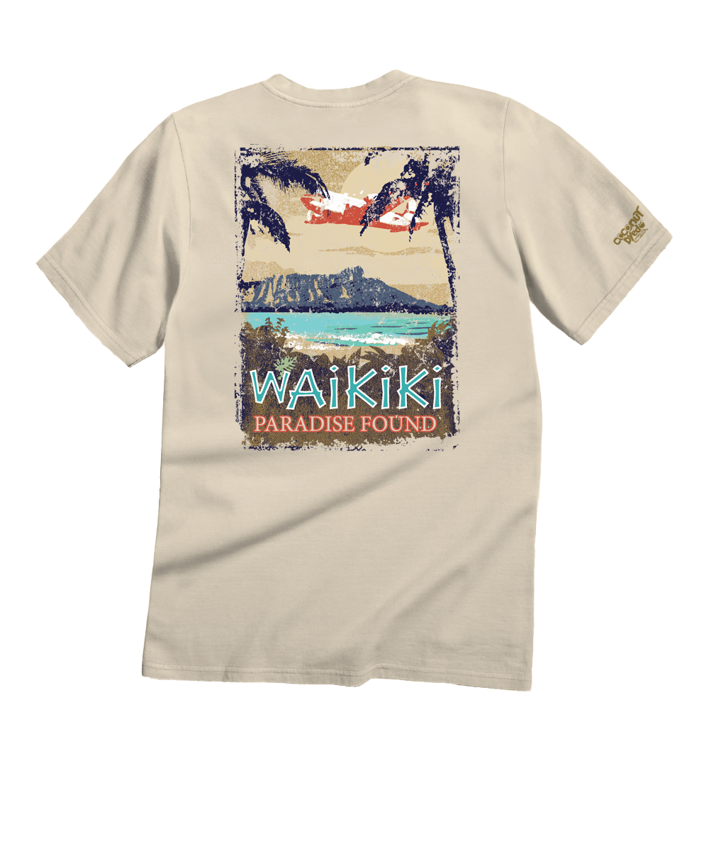 Beige t-shirt with Waikiki graphic design on a white background View 1
