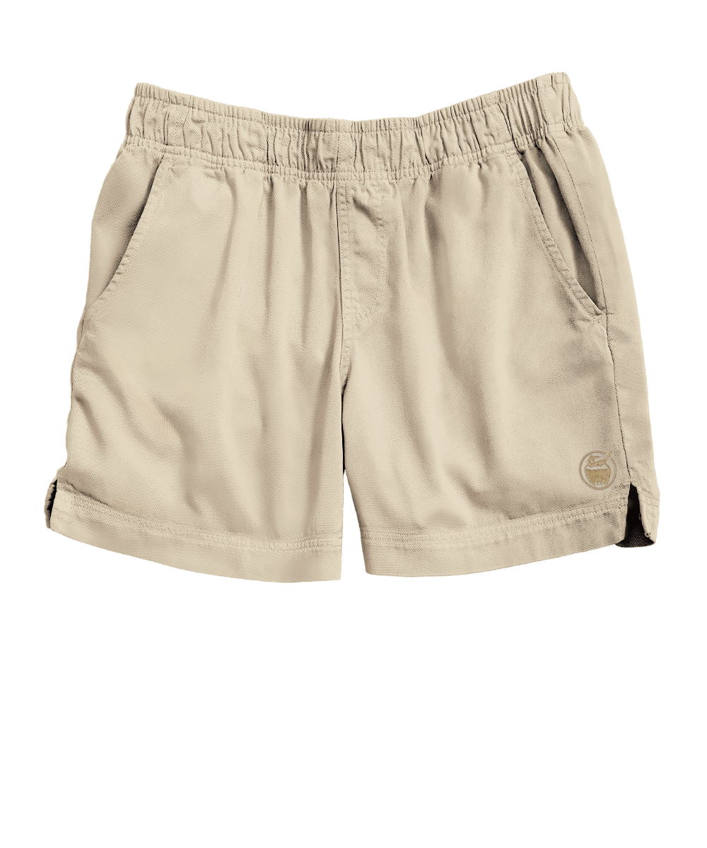Beige shorts with a brand logo on a white background View 8
