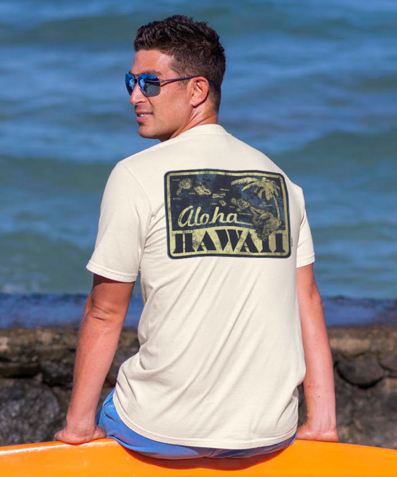 Man wearing a white t-shirt with a Hawaii-themed graphic, sitting on a surfboard by the ocean. View 2