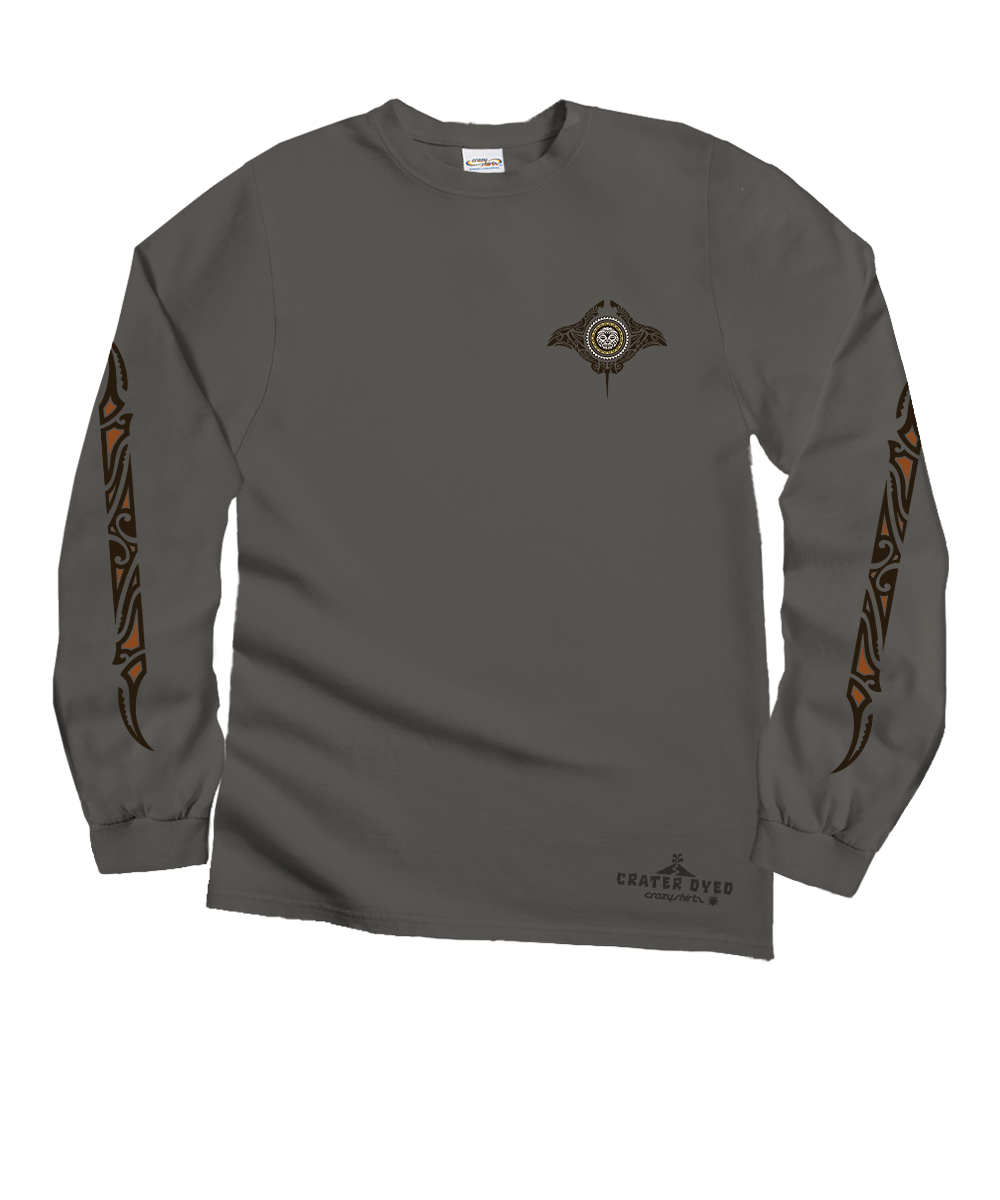 Gray long-sleeve shirt with tribal designs on sleeves and chest. View 4