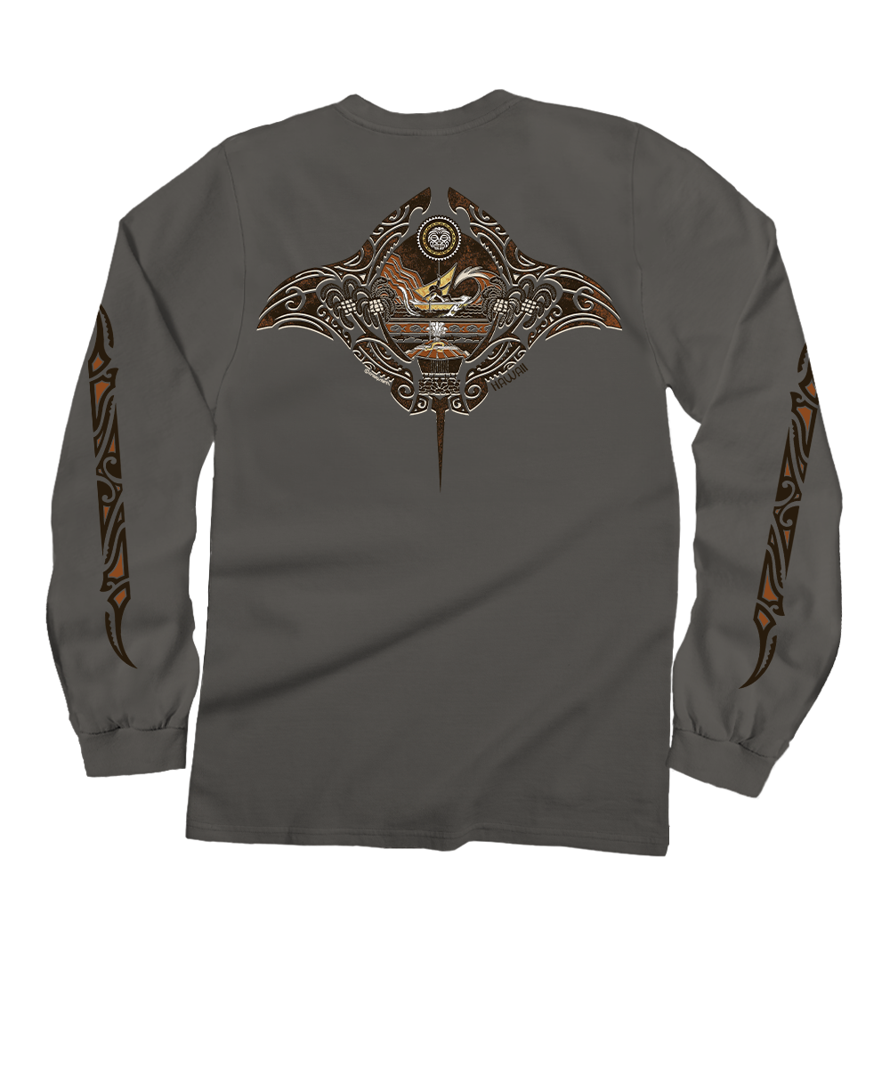 Gray long-sleeve shirt with a detailed design on the back against a white background View 1