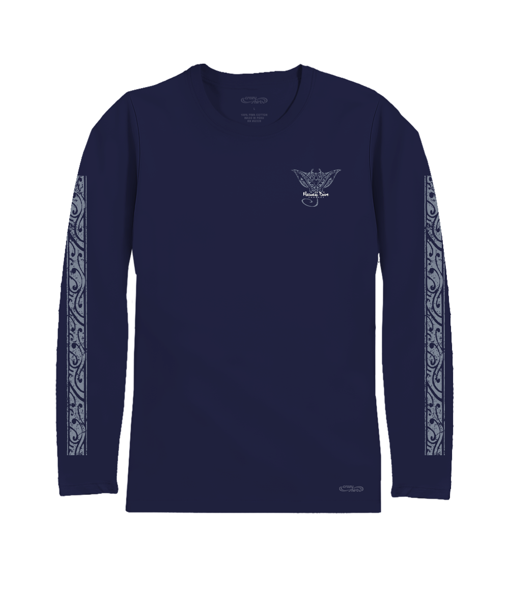 Navy long-sleeve shirt with white patterns on sleeves and logo on chest against a white background View 4