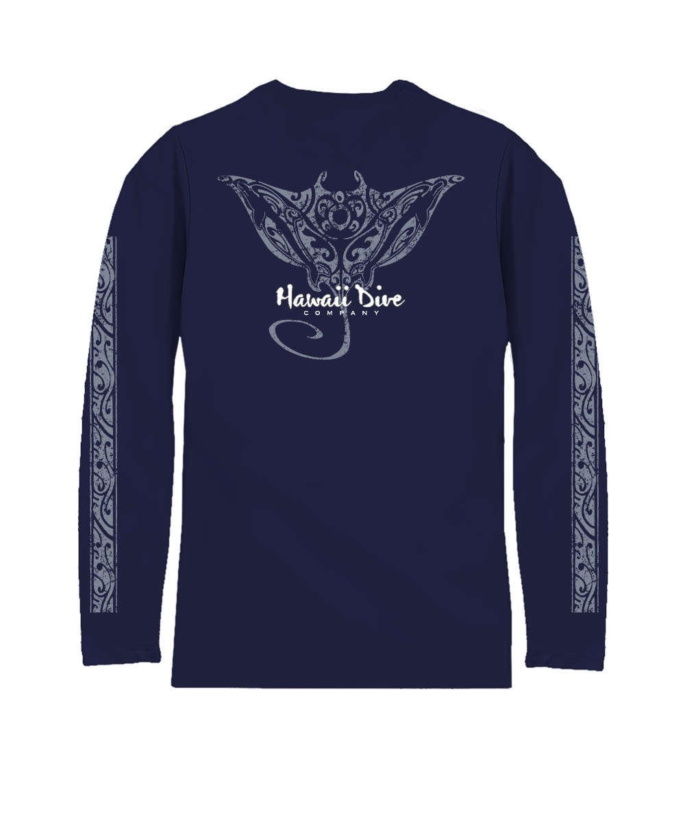 Navy long-sleeve shirt with white graphics and 'Hawaii Dive' text on a clear background View 1