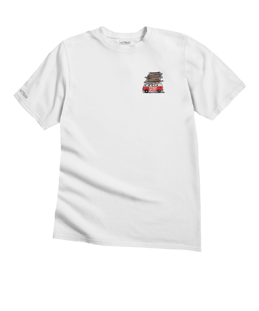 White t-shirt with a small graphic on the chest against a white background View 4