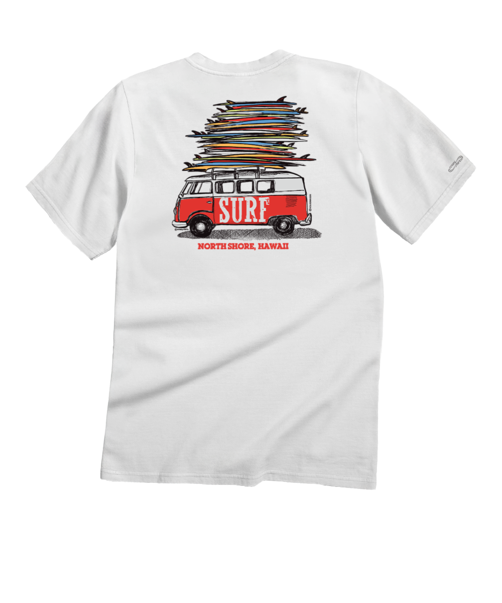 White t-shirt with a red van and surfboards graphic on the back, set against a white background. View 1