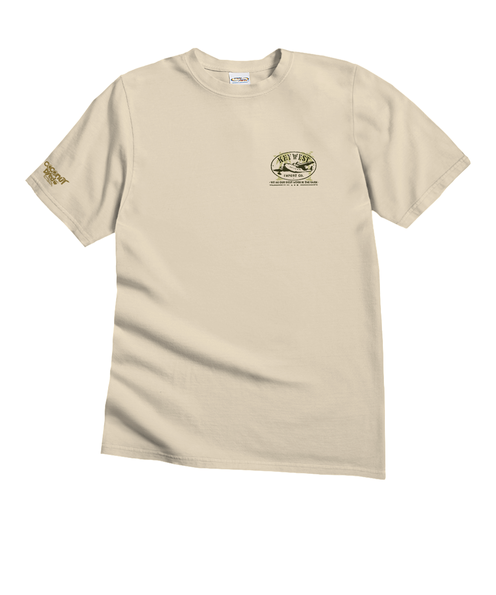 Beige t-shirt with a logo on the chest and sleeve against a white background View 4
