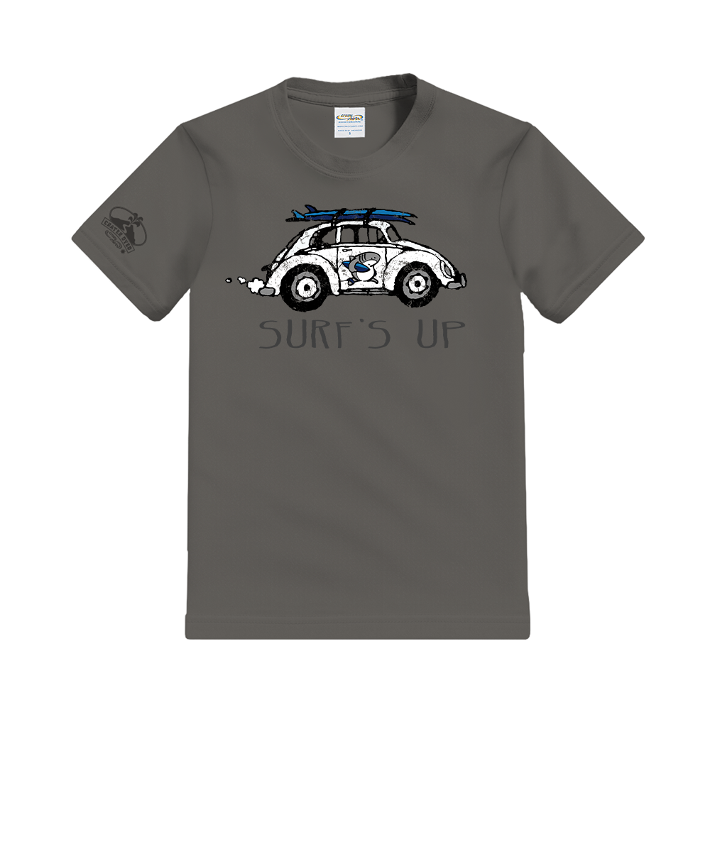 Gray t-shirt with a graphic of a car with surfboards on the roof and 'Surf's Up' text. View 1